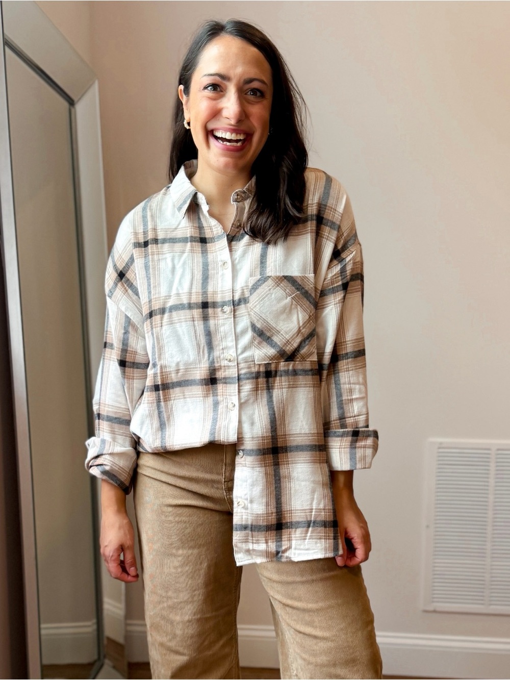 No Boundaries Beige and Black Plaid Button-Down Shirt